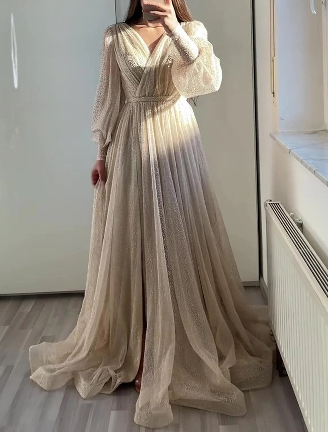 A-Line Prom Dresses Glittering Dress Formal Black Tie Floor Length Long Sleeve V Neck Fall Wedding Guest Tulle with Ruched 2025